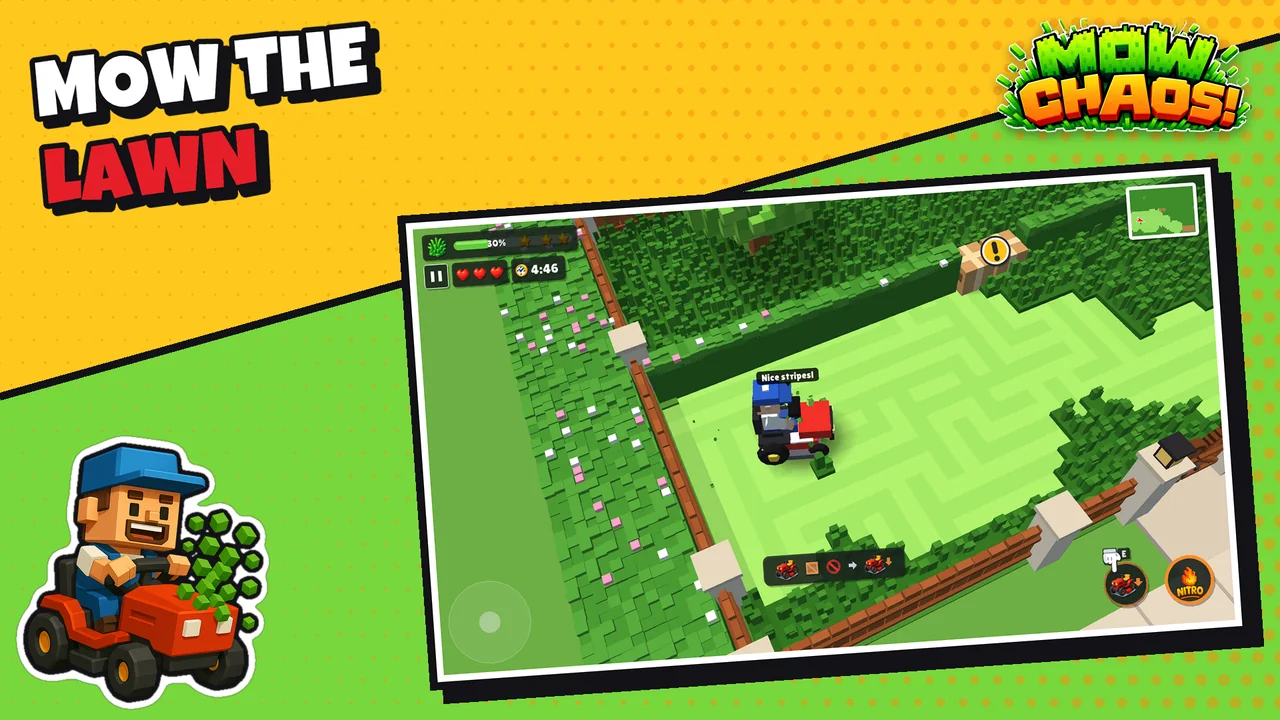 Mow the lawn: the rider mowing stripes in a back garden
