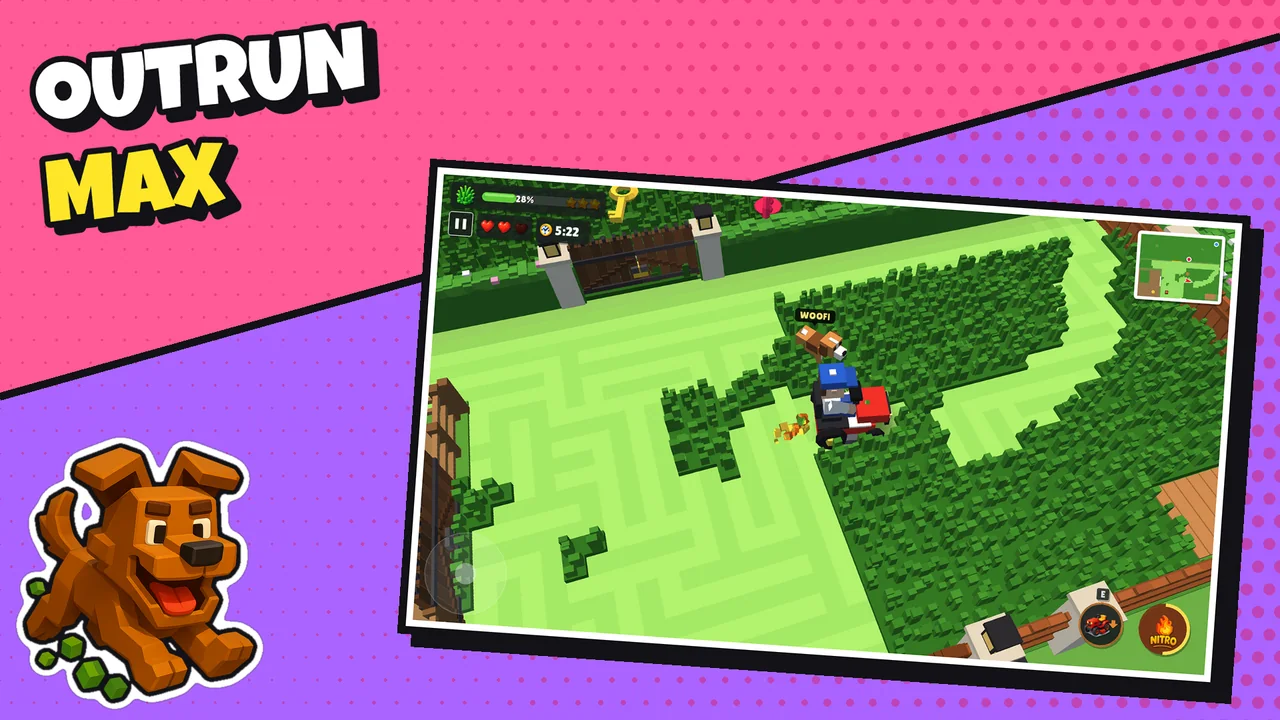 Outrun Max: the dog chasing the mower through a hedge maze