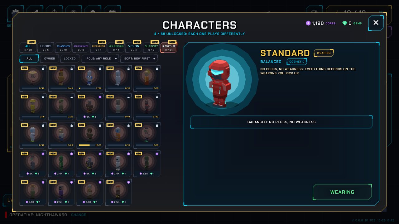 The characters screen: the signature characters and a character card