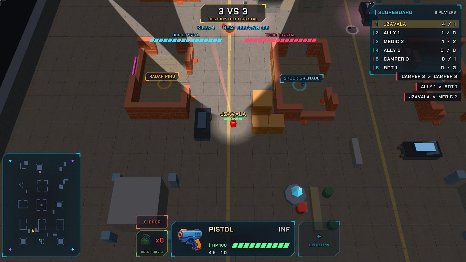 A crystal battle: three against three, both crystals' health at the top