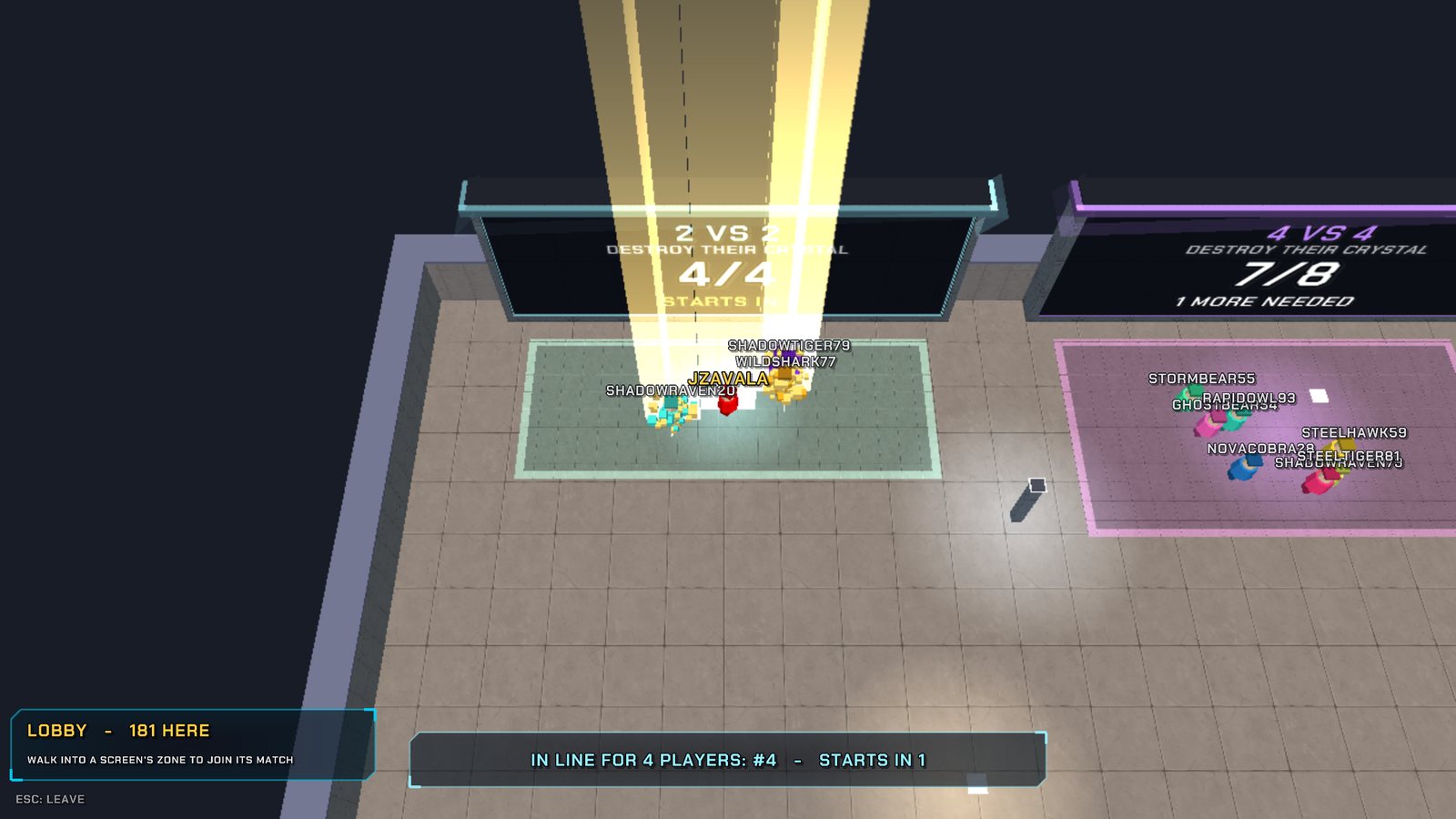 A full team zone in the lobby: its players beamed into their match