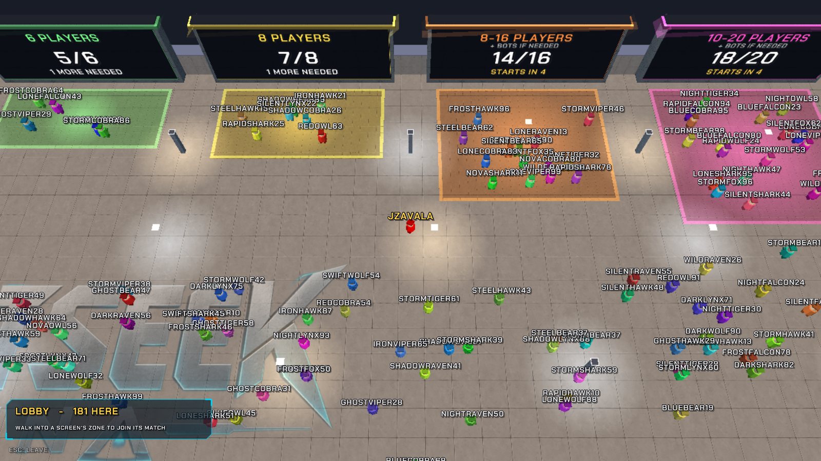 The online lobby full of players walking around the big match screens
