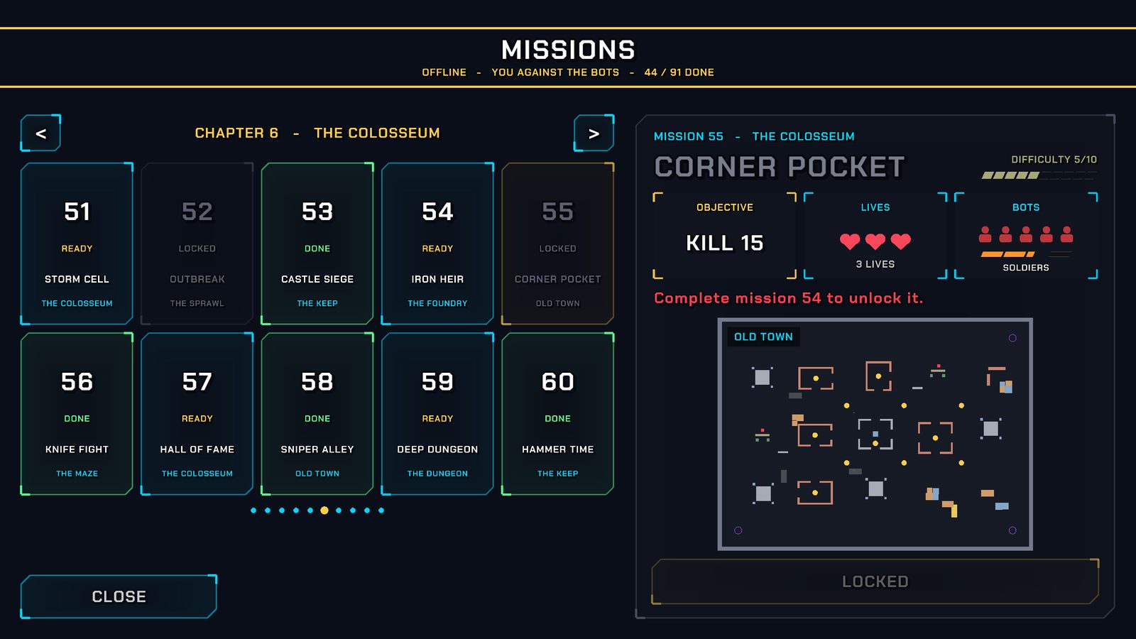 The missions screen: a chapter, its mission cards and a map